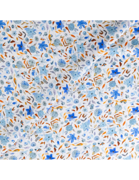 Étoffe de lin & viscose - Fleurs bleues fond blanc