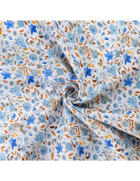 Étoffe de lin & viscose - Fleurs bleues fond blanc
