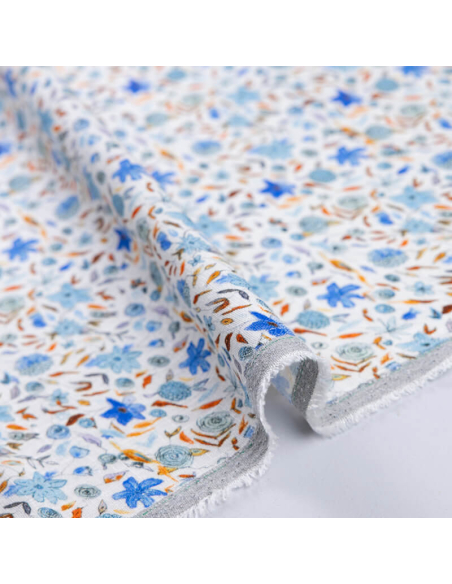 Étoffe de lin & viscose - Fleurs bleues fond blanc