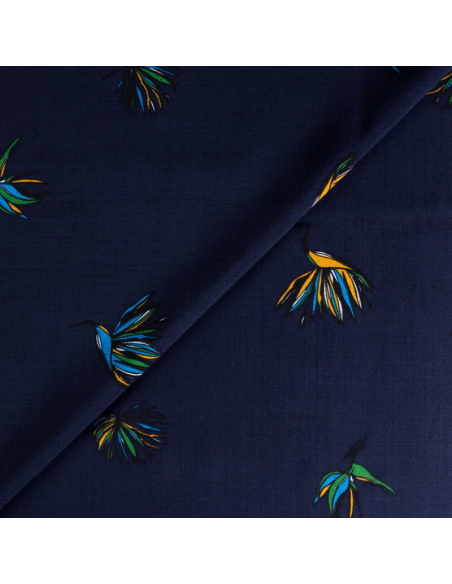 Étoffe 100% viscose – Fleurs exotiques fond marine