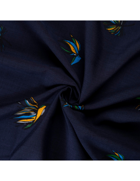 Étoffe 100% viscose – Fleurs exotiques fond marine