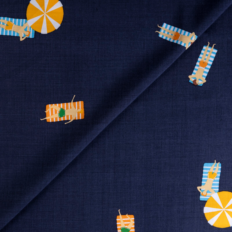 Étoffe 100% viscose – Plage fond bleu...