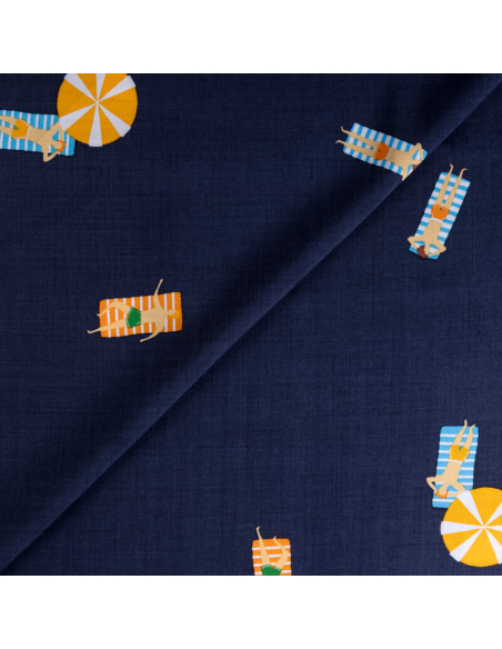 Étoffe 100% viscose – Plage fond bleu marine
