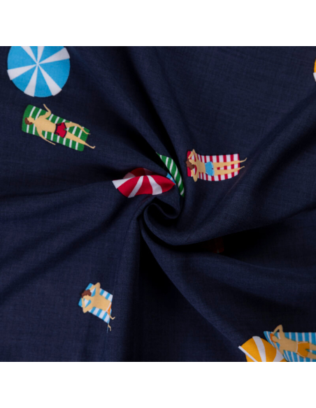 Étoffe 100% viscose – Plage fond bleu marine