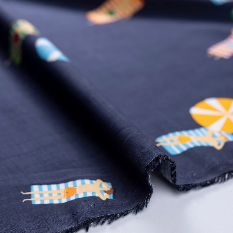 Étoffe 100% viscose – Plage fond bleu...
