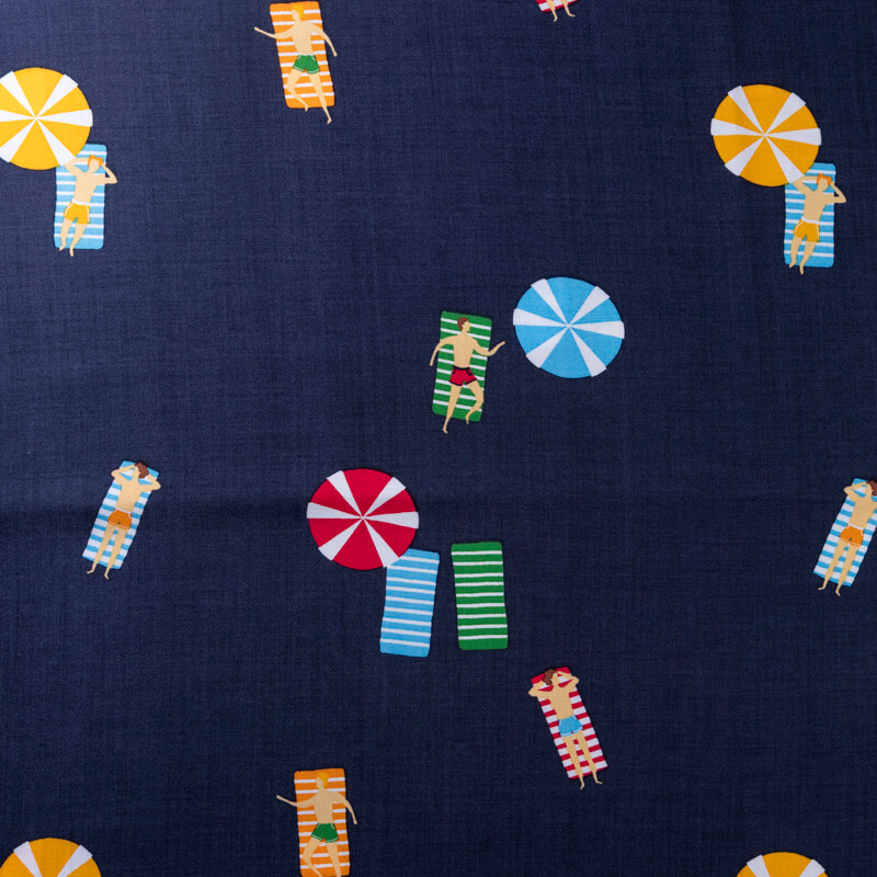 Étoffe 100% viscose – Plage fond bleu...