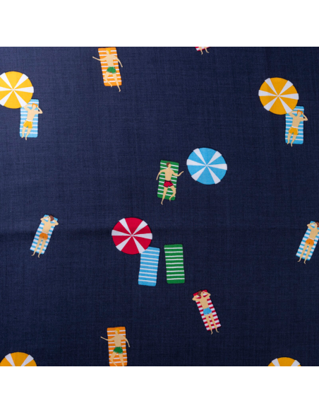 Étoffe 100% viscose – Plage fond bleu marine