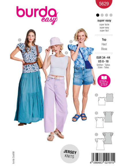 Patron Burda 5629 - Top femme facile à coudre, manches volantées