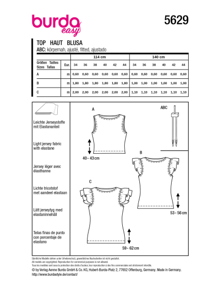 Patron Burda 5629 - Top femme facile à coudre, manches volantées