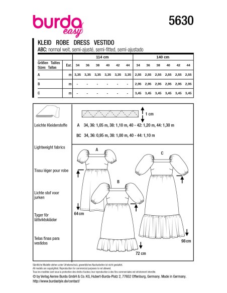 Patron Burda 5630 - Robe femme facile à coudre, coupe moderne et féminine