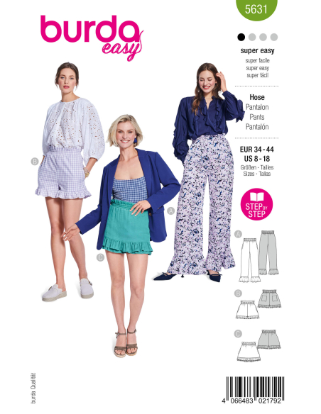 Patron Burda 5631- Pantalon, short et skort femme à volants, taille élastique