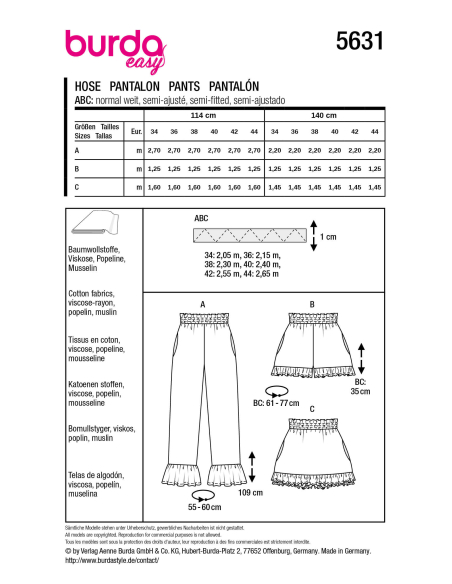 Patron Burda 5631- Pantalon, short et skort femme à volants, taille élastique