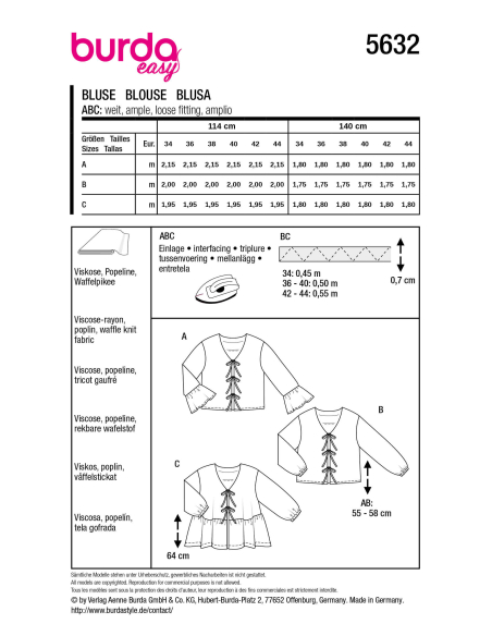 Patron Burda 5632 - Blouse femme facile à coudre, style bohème et manches ballon