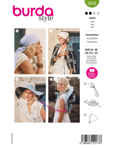 Patron Burda 5634 - Accessoires femme couvre-chef, chapeau et fichu faciles à coudre