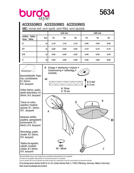 Patron Burda 5634 - Accessoires femme couvre-chef, chapeau et fichu faciles à coudre