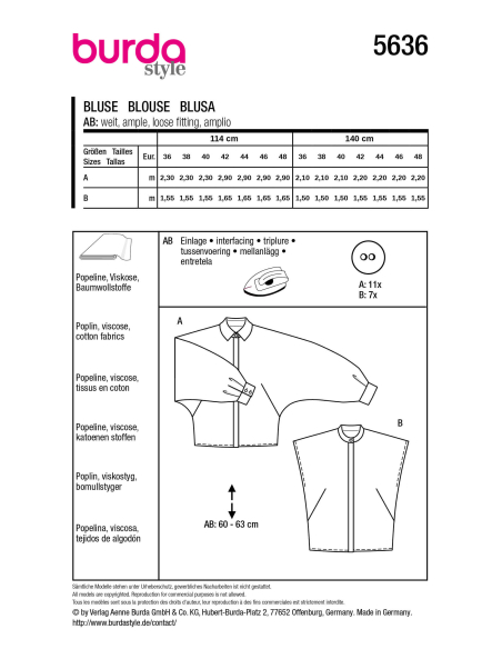 Patron Burda 5636 - Blouse femme manches chauve-souris et raglan, coupe moderne