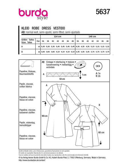 Patron Burda 5637 - Robe femme élégante à variations d’encolures et de manches