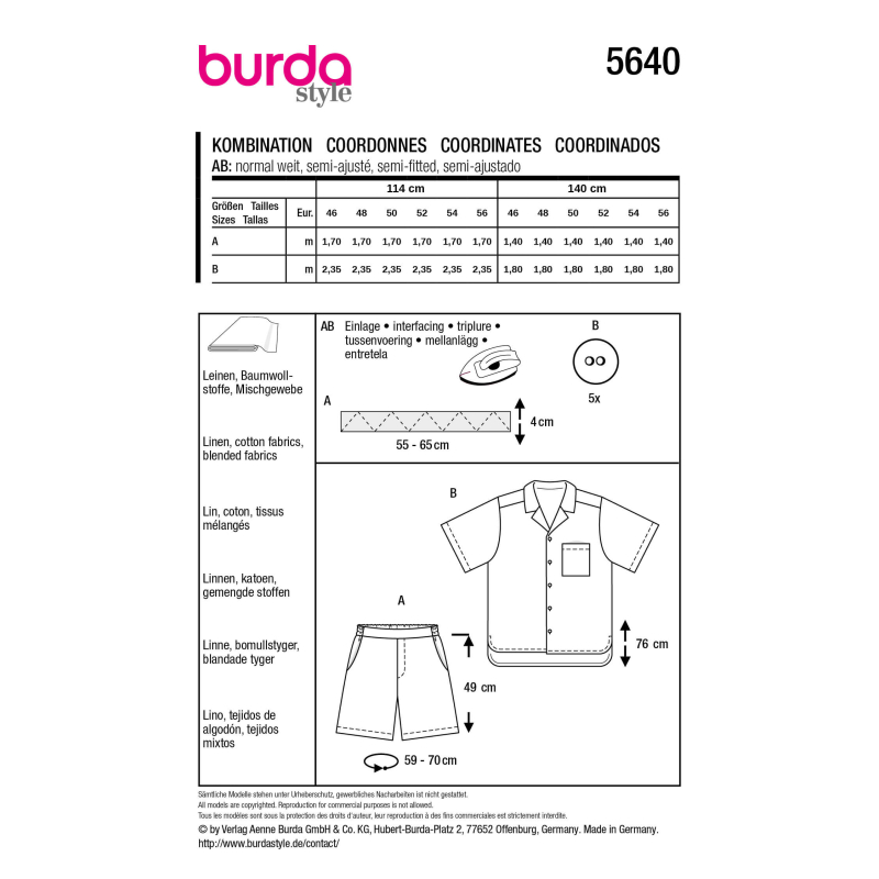 Patron Burda 5640 - Chemise et short...