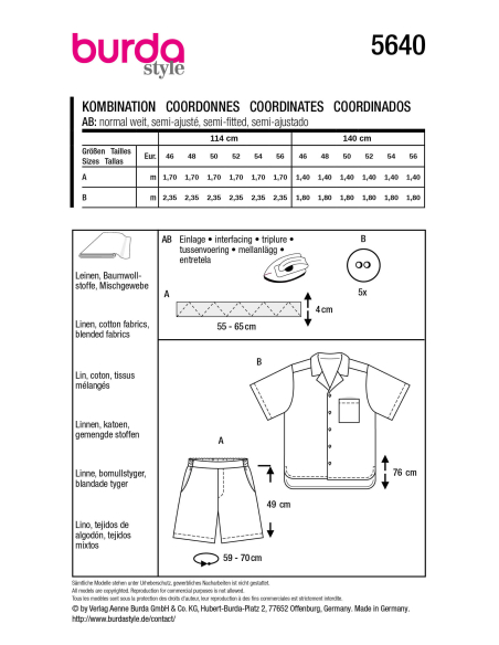 Patron Burda 5640 - Chemise et short homme décontracté été