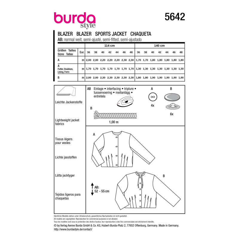 Patron Burda 5642 - Veste courte et...