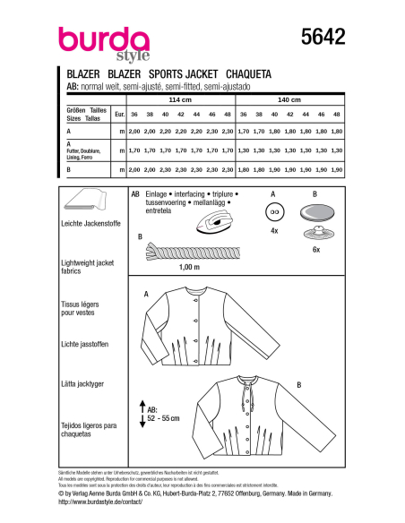 Patron Burda 5642 - Veste courte et blouson femme élégants