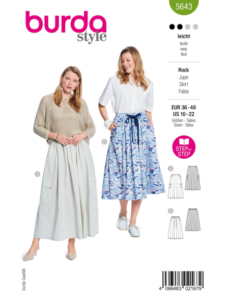 Patron Burda 5643 - Jupe femme estivale à plis ou taille coulissée
