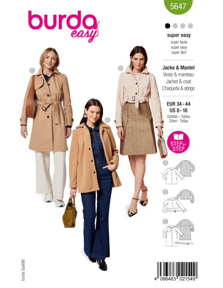 Patron Burda 5647 - Veste et manteau femme, 3 styles tendance