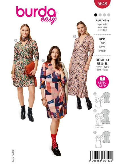 Patron Burda 5648 - Robe portefeuille femme, 3 longueurs élégantes