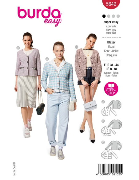 Patron Burda 5649 - Veste femme type blazer sans col élégant
