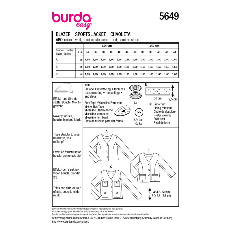 Patron Burda 5649 - Veste femme type...