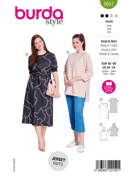 Patron Burda 5651 - Robe t-shirt et sweat à capuche femme