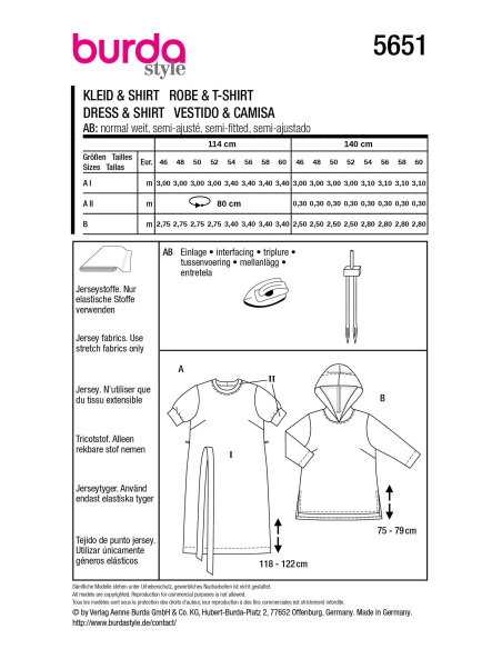 Patron Burda 5651 - Robe t-shirt et sweat à capuche femme