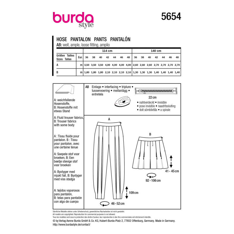 Patron Burda 5654 - Pantalon et short...