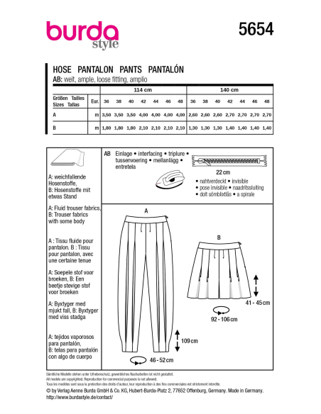 Patron Burda 5654 - Pantalon et short femme à plis élégants