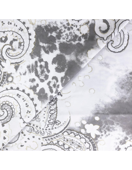 Twill 100% viscose – Cachemire gris et doré fond blanc