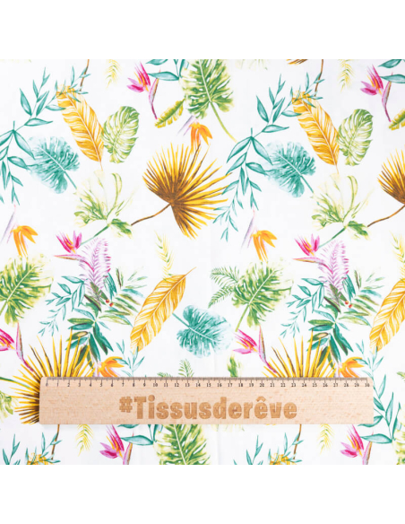 Étoffe 100% viscose – Feuillage tropical aquarelle
