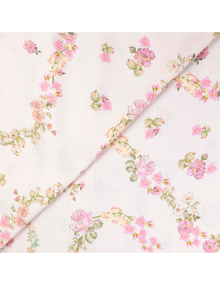 Étoffe 100% viscose – Guirlande florale rose