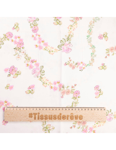 Étoffe 100% viscose – Guirlande florale rose