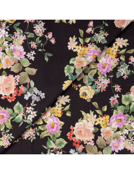 Étoffe 100% viscose – Bouquet champêtre fond noir