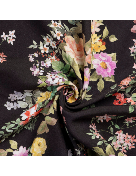 Étoffe 100% viscose – Bouquet champêtre fond noir
