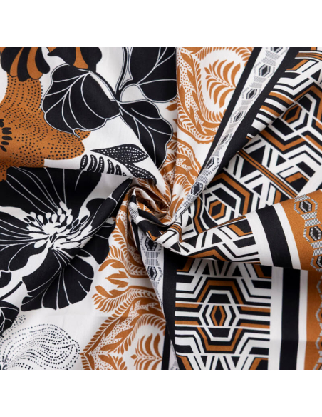 Popeline 100% coton – Fleurs géométriques terracotta
