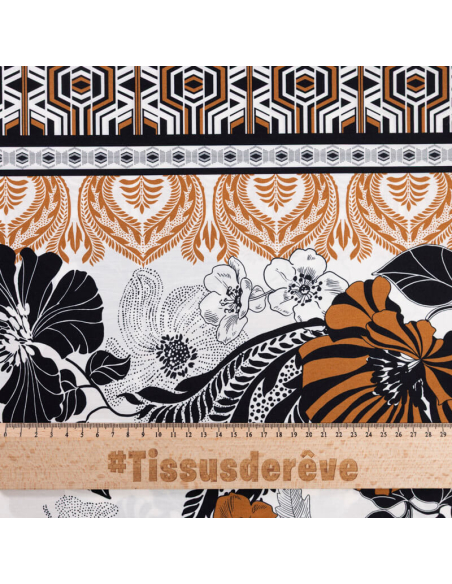 Popeline 100% coton – Fleurs géométriques terracotta