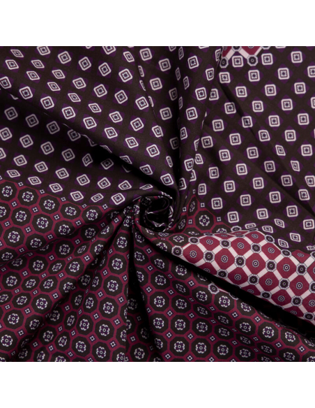Popeline 100% coton – Patchwork géométrique bordeaux