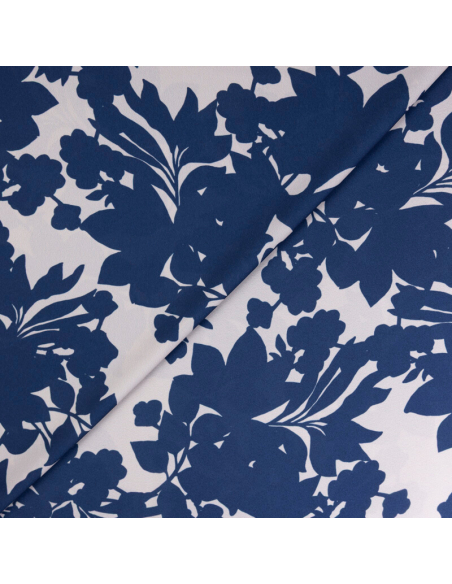 Crêpe imprimé - Fleurs bleu marine fond beige