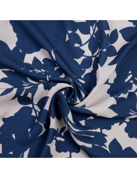 Crêpe imprimé - Fleurs bleu marine fond beige