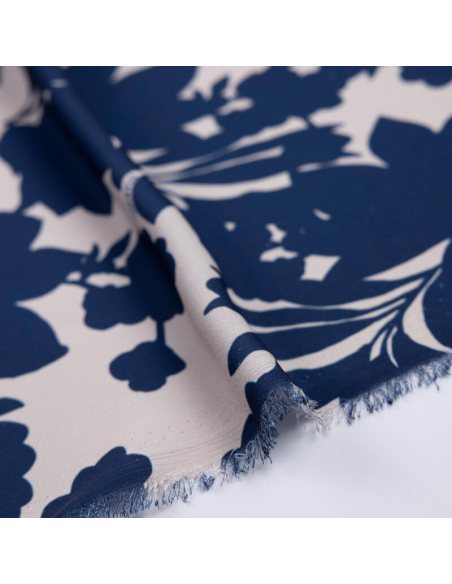 Crêpe imprimé - Fleurs bleu marine fond beige