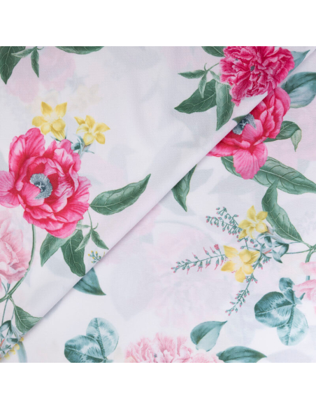 Crêpe imprimé - Fleurs roses et jaunes fond blanc