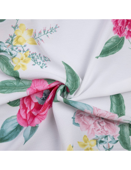 Crêpe imprimé - Fleurs roses et jaunes fond blanc