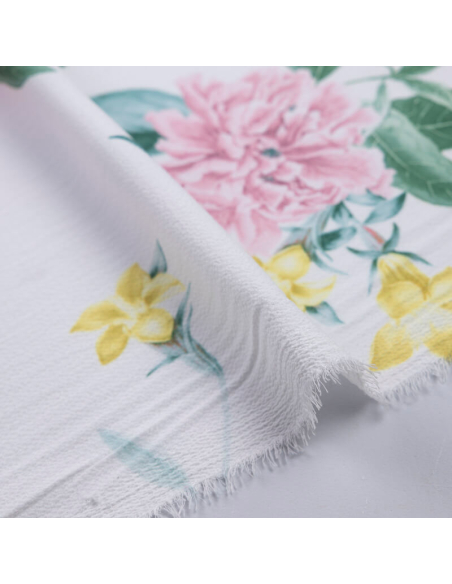 Crêpe imprimé - Fleurs roses et jaunes fond blanc