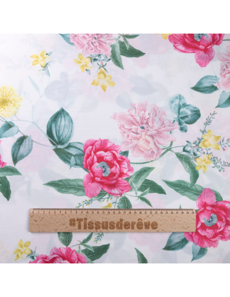 Crêpe imprimé - Fleurs roses et jaunes fond blanc